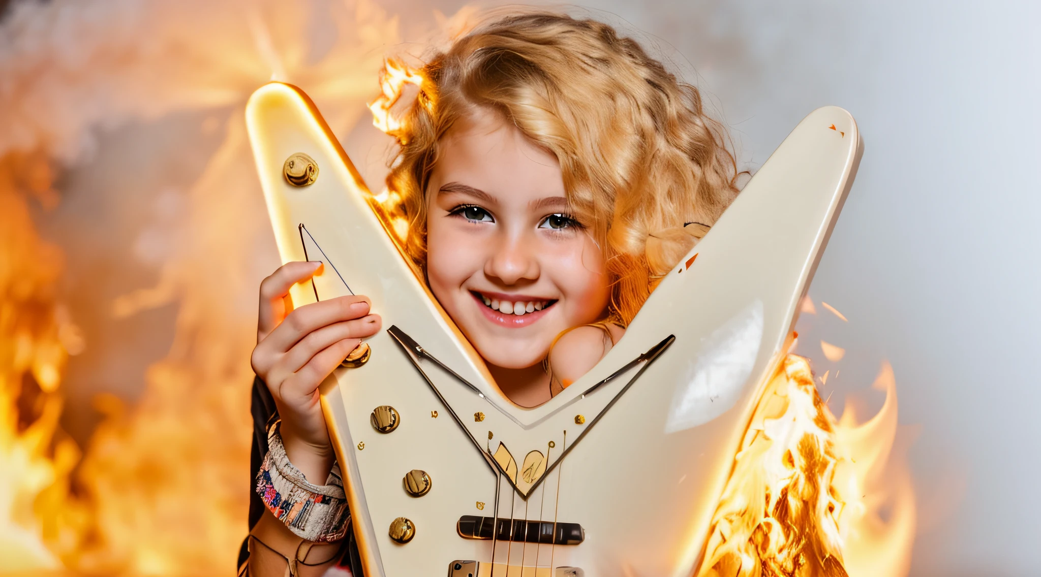 blonde girl holding a guitar with a smile on her face, holding an electric guitar, em chamas queimando no fogo.