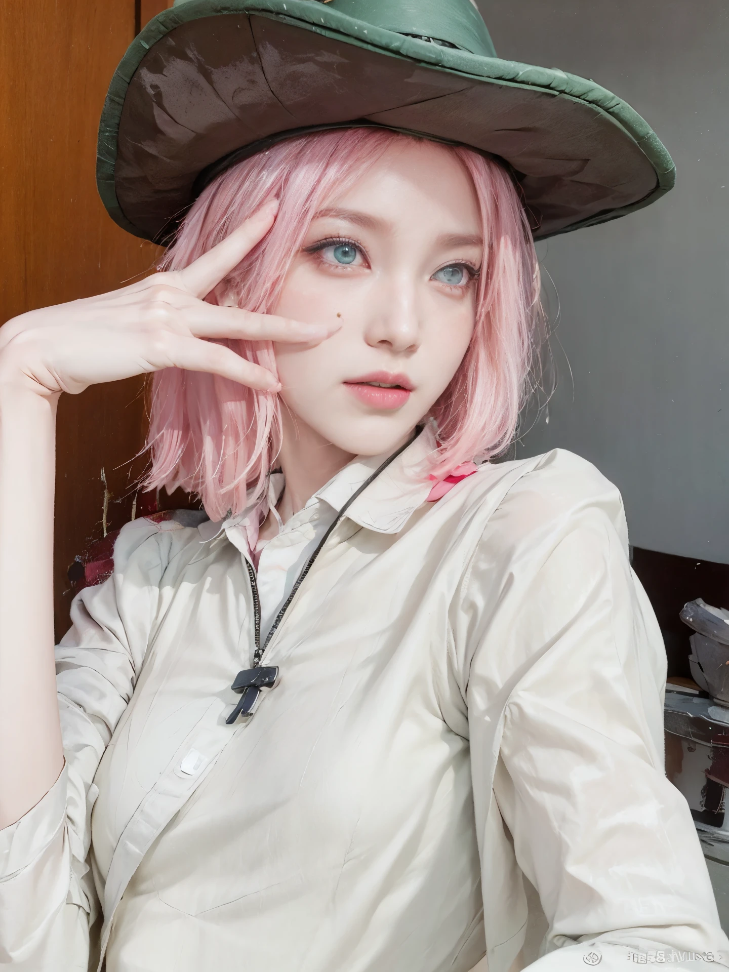 Real life adaption of this character,her name  sakura haruno from anime Naruto,she has a realistic same pink hair with a red headband, realistic same outfit, realistic same apron, beautiful korean  face, she has green eyes color, realistic light, realistic shadow, realism, hyper realistic,(photorealistic:1.2), realistic background , details eyes, realive hair ,realive eyes ,detail charakter , photraidt detailed