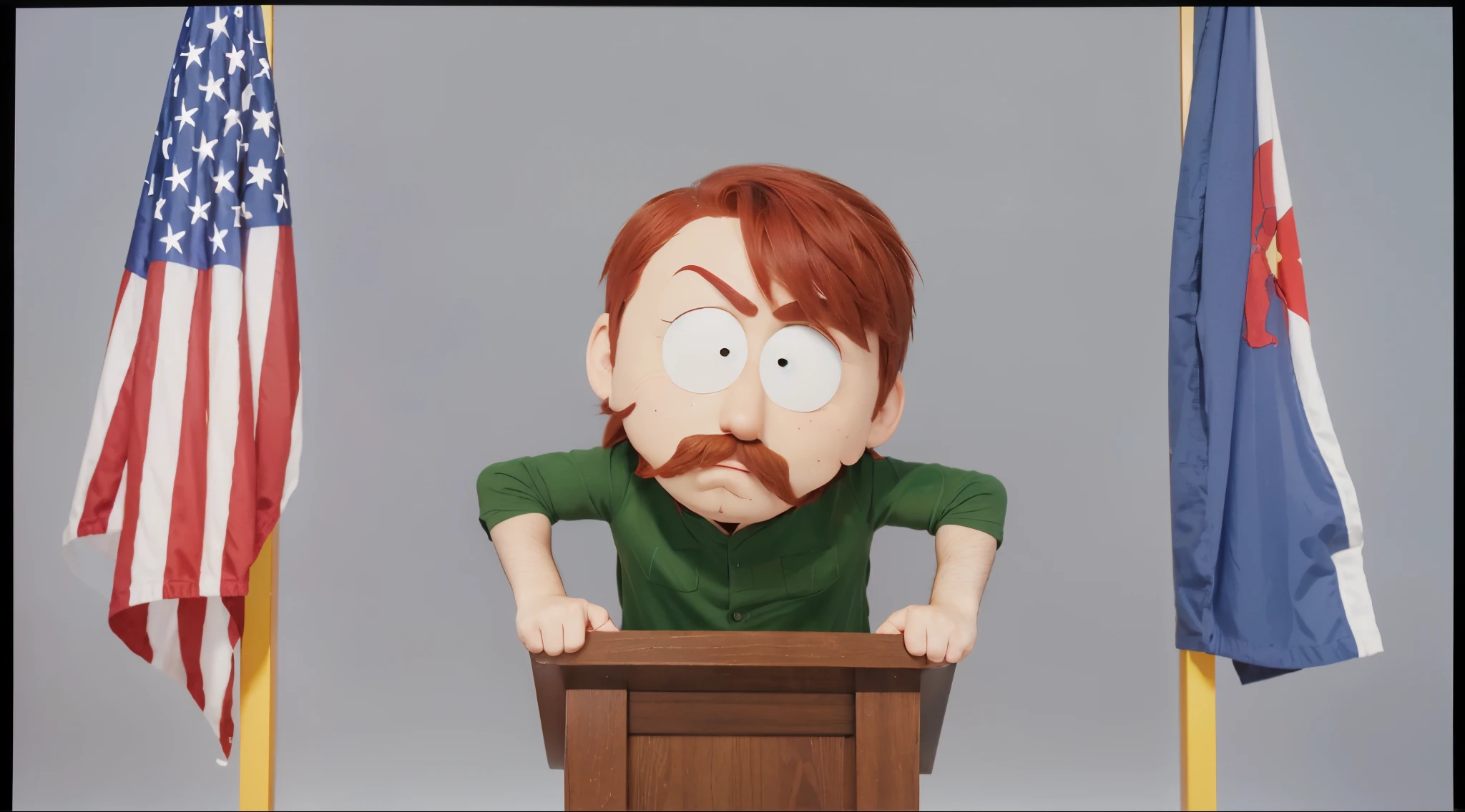 cartoon of a man with red hair and a mustache standing behind a podium, in style of south park, eric cartman, eric cartman in real life, south park, reddish beard, south park style, rasputin as grubhub character, timothy rees, tyler, red beard, from family guy, animation still screencap, adam, stocky, chad RAW, Masterpiece, Super Fine Photo, Ultra High Resolution, Photorealistic, Sunlight, Full Body Portrait, in the style of mecha sci-fi anime, 8k, best quality, highres, Unreal Engine:1.4,Ultra-realistic 64K CG, Photorealista:1.4, Skin Texture:1.4, Volumetric fog, 8k uhd, dslr, high quality, film grain, fair skin, photorealism, lomography, translucent