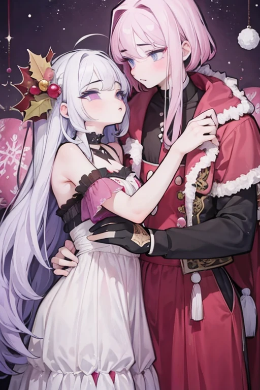 A pink haired woman with violet eyes is kissing a white haired man with ruby eyes at a christmas party