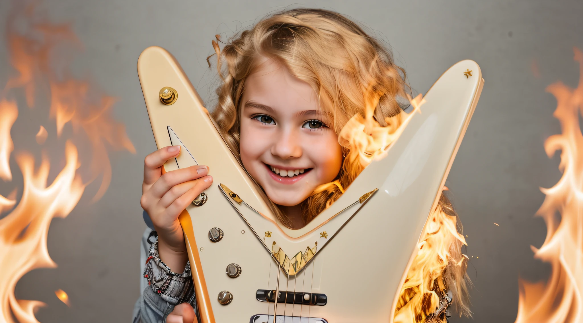 blonde girl holding a guitar with a smile on her face, holding an electric guitar, em chamas queimando no fogo.