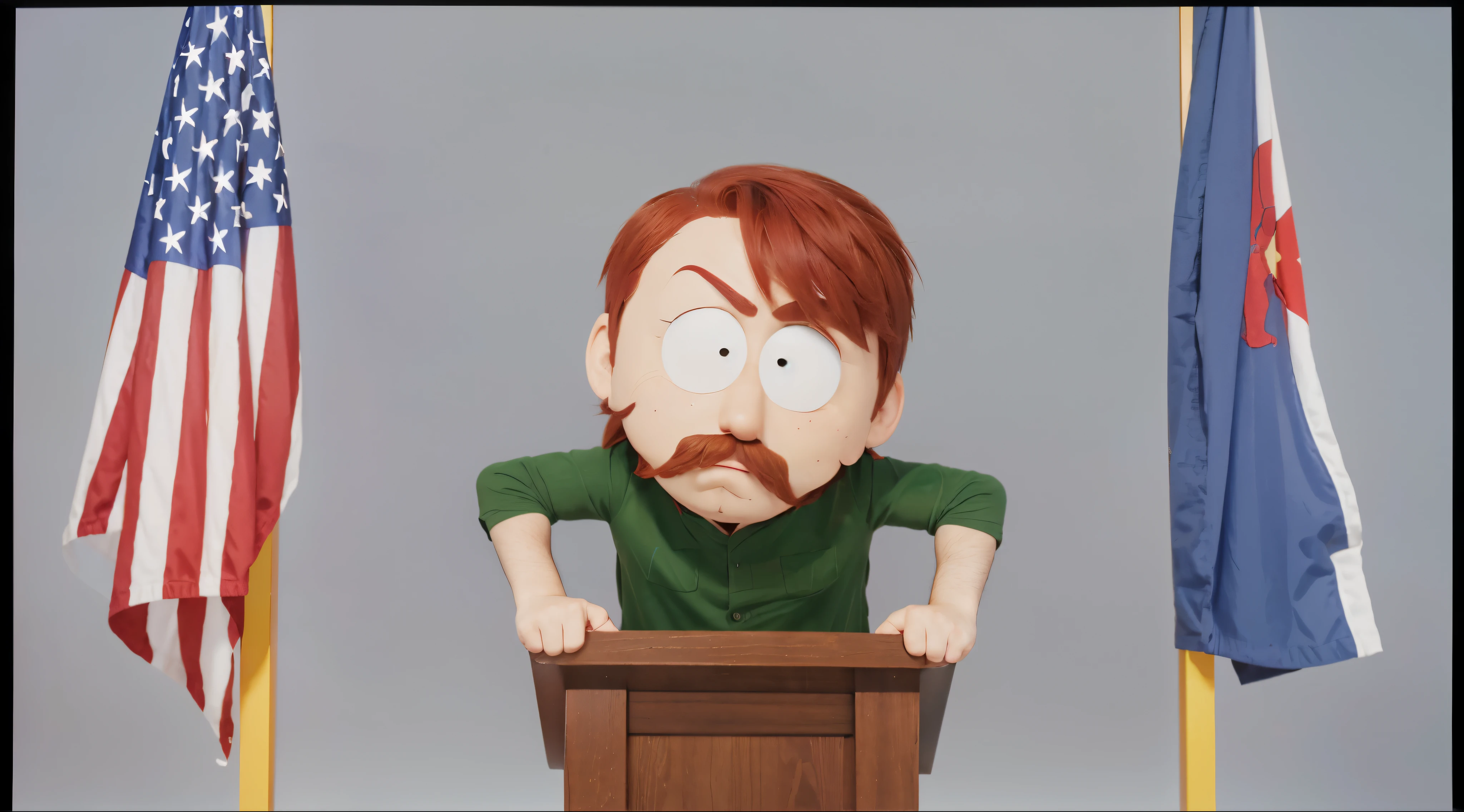 cartoon of a man with red hair and a mustache standing behind a podium, in style of south park, eric cartman, eric cartman in real life, south park, reddish beard, south park style, rasputin as grubhub character, timothy rees, tyler, red beard, from family guy, animation still screencap, adam, stocky, chad RAW, Masterpiece, Super Fine Photo, Ultra High Resolution, Photorealistic, Sunlight, Full Body Portrait, in the style of mecha sci-fi anime, 8k, best quality, highres, Unreal Engine:1.4,Ultra-realistic 64K CG, Photorealista:1.4, Skin Texture:1.4, Volumetric fog, 8k uhd, dslr, high quality, film grain, fair skin, photorealism, lomography, translucent