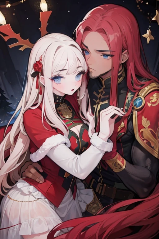 A  dark skinned red haired woman with  red eyes is kissing a muscular blonde haired man with blue eyes and long hair and a dark beard at a christmas party in fancy outfits