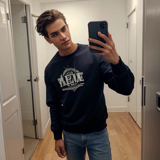 generate a male model taking a selfie. he is wearing a sweatshirt and jeans