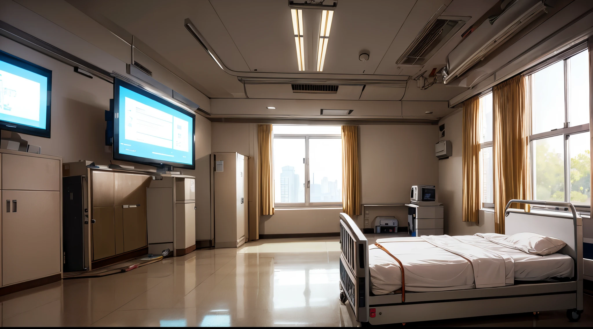 there a hospital bed in a room with a tv on the wall, sterile minimalistic room, hospital room, hospital interior, hospital ward, clean medical environment, in hospital bed, ornate hospital room, inside an ornate hospital room, hospital background, hospital, medical photography, abandoned hospital room, digital medical equipment, stock photo, istock, pink, blue, brown, night