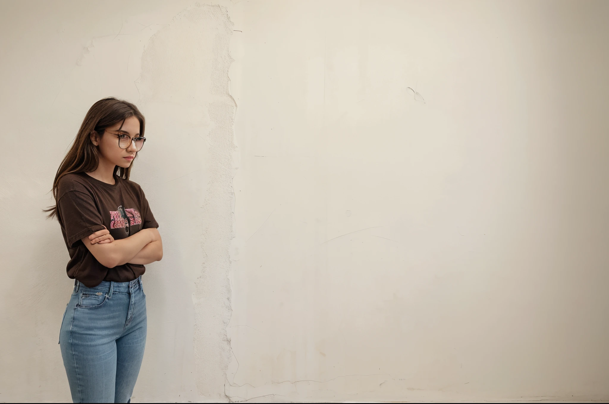 A girl standing, wearing a shirt, jeans and glasses, her hair is brown