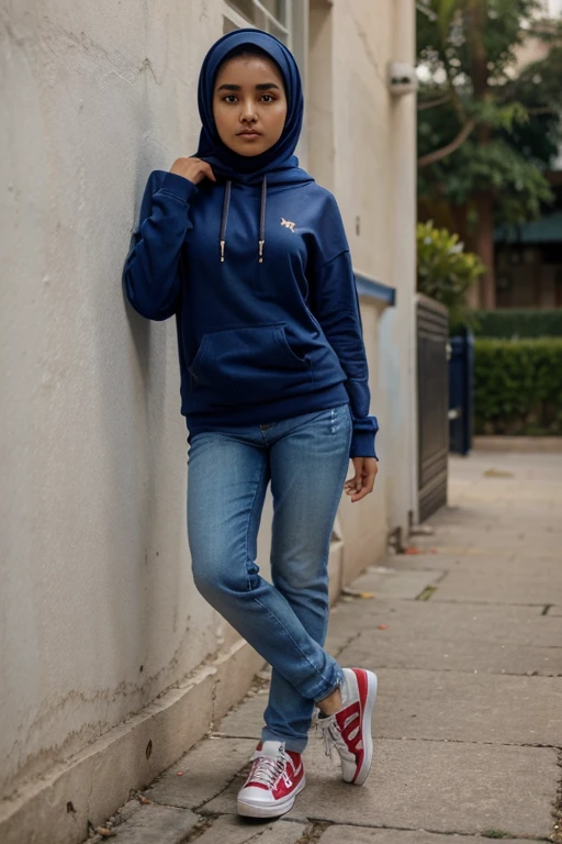 muslim girl in hijab high quality, sexy and petite, extrasmall 18 year old, tight jeans, cute face, pakistani, sneakers, hoodie, innocent face.