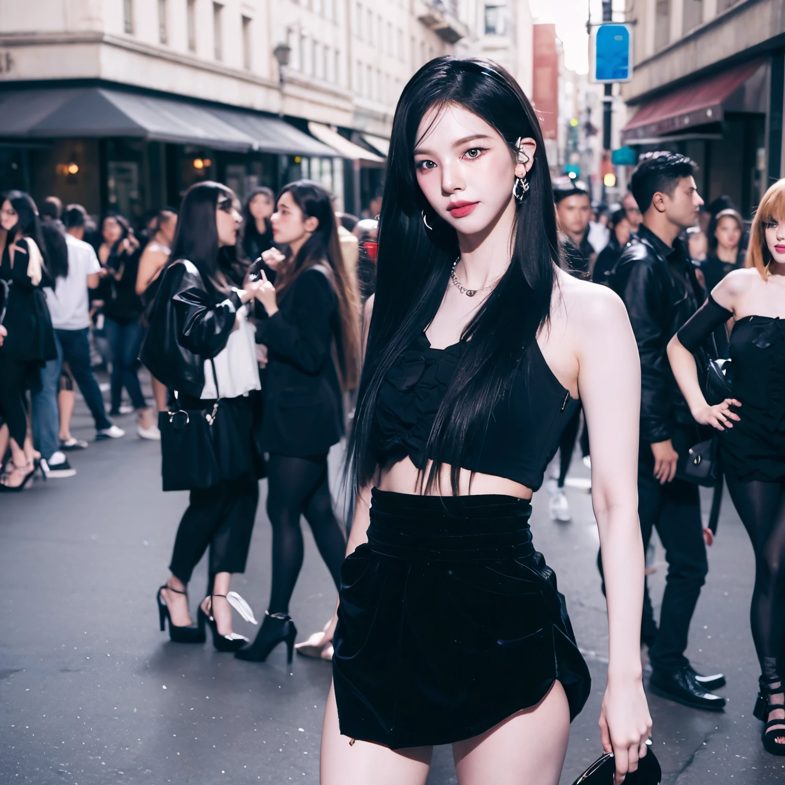 (best quality,highres,realistic:1.37),ultra-detailed,slim figure,beautiful detailed eyes,intense gaze,bodycon silhouette,black hair flowing,black blouse,black skater skirt,black crop blazer,confident strut,sexy attitude,fierce and edgy baddie,street style fashion,vivid colors,sharp focus,professional lighting,contrasting background colors