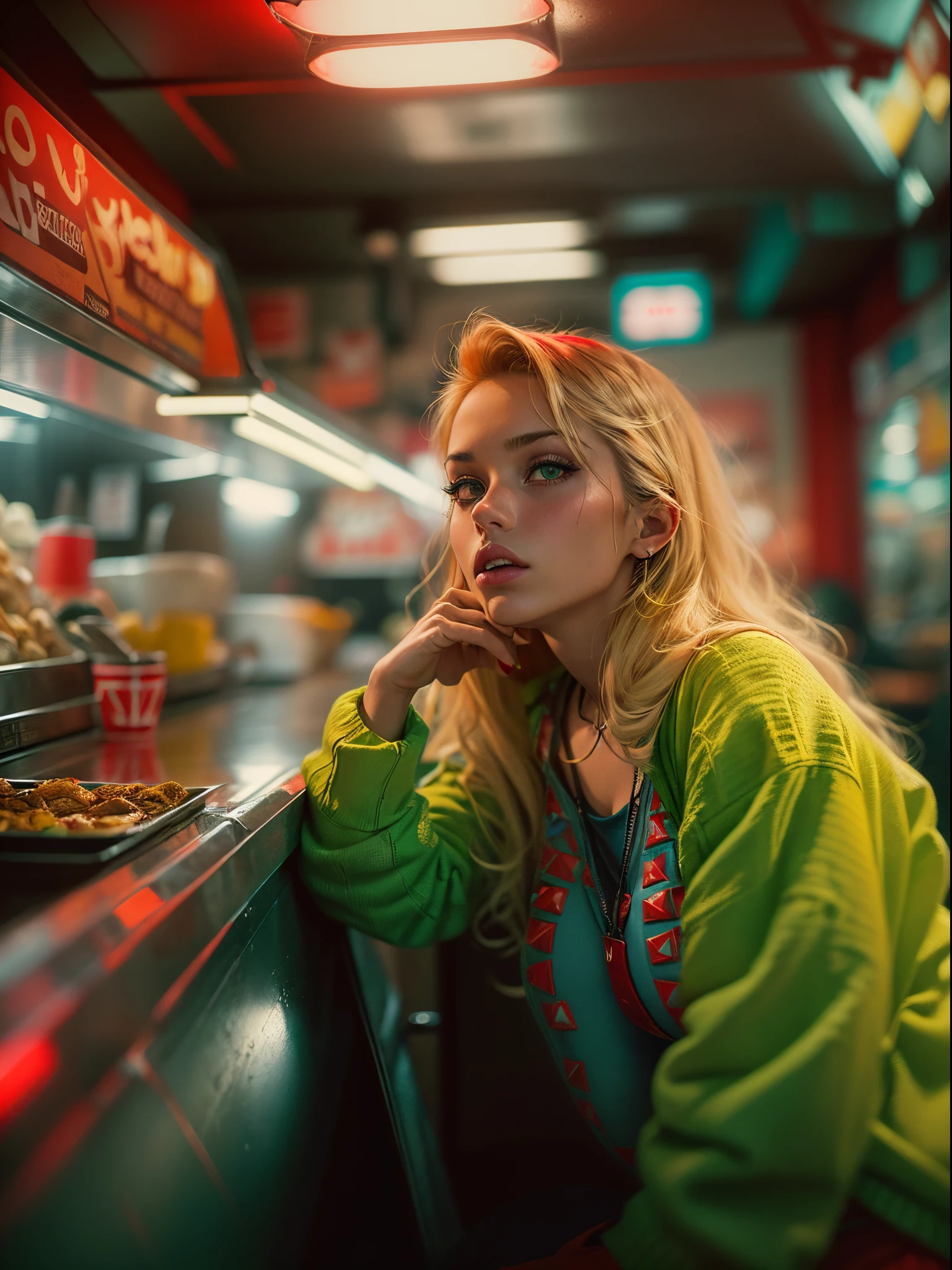 analogue fashion photo shot of young blonde woman with long hair, (((big boobs))) in a 1950's mexican taco stand in a lonely dark street, ((neon lights green and yellow lights)), (((((high fashion red clothes in the style of Valentino))))), supermodel, sexy model poses, masterpiece, eye level, Kodak Funsaver, Porta 160, 20mm, bokeh, in the style of Nan Goldin, textured, distressed, ((vintage)), edgy, noisy, high contrast, ralistic, ultrarealistic, 4k, hyperreal