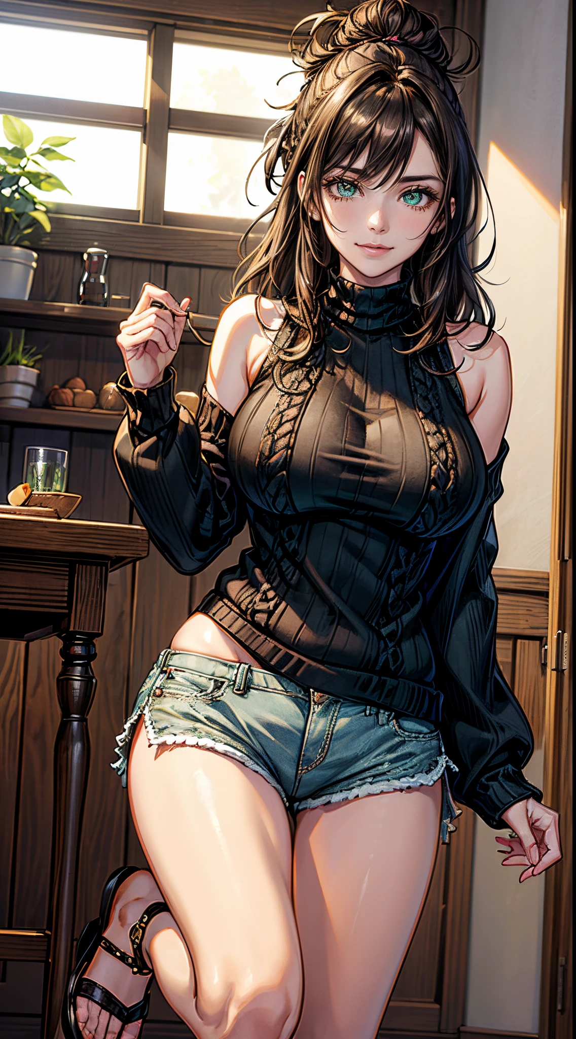 (Masterpiece, Best Quality, hight resolution, Ultra-detailed), 1Woman, 独奏, Wavy dark hair, messy bun hair, Green eyes, almond-shaped eyes,  a perfect face, big breasts, (slight smile:0.9), Detailed eyes and face, long crochet sweater, Shorts, openwork, Sandals, Indoors, body complet