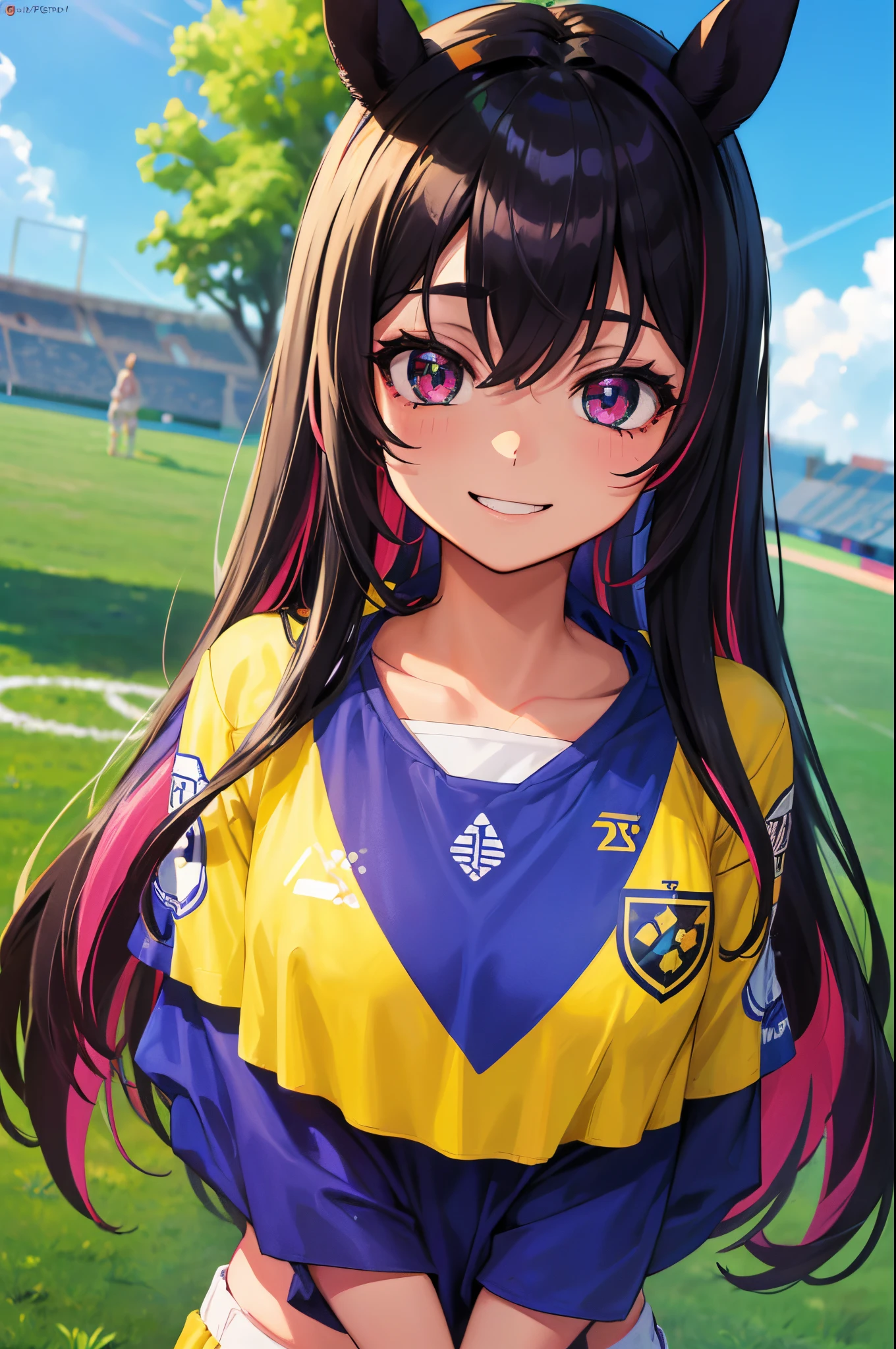 (obra-prima, melhor qualidade: 1.2),solo, girl with horse ears, soccer uniform, sorriso, olhando para o espectador, roupas esportivas, campo de futebol, diamond, multicolored hair, multicolored eyes