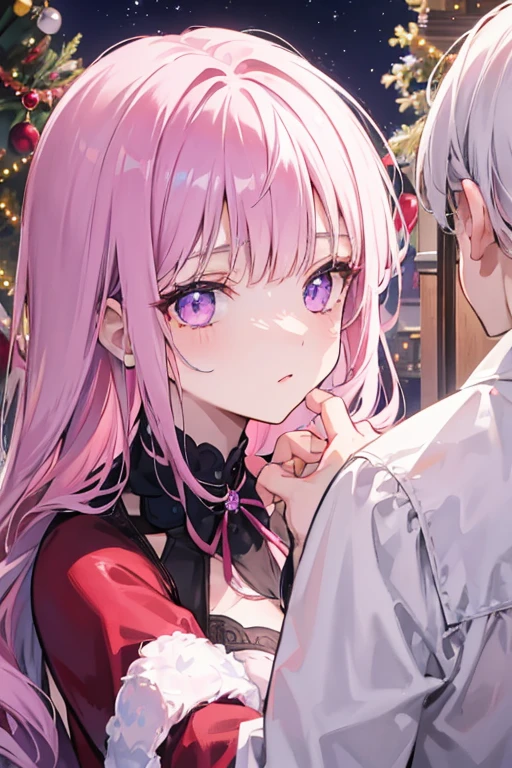 A pink haired woman with violet eyes is kissing a white haired man with ruby eyes at a christmas party