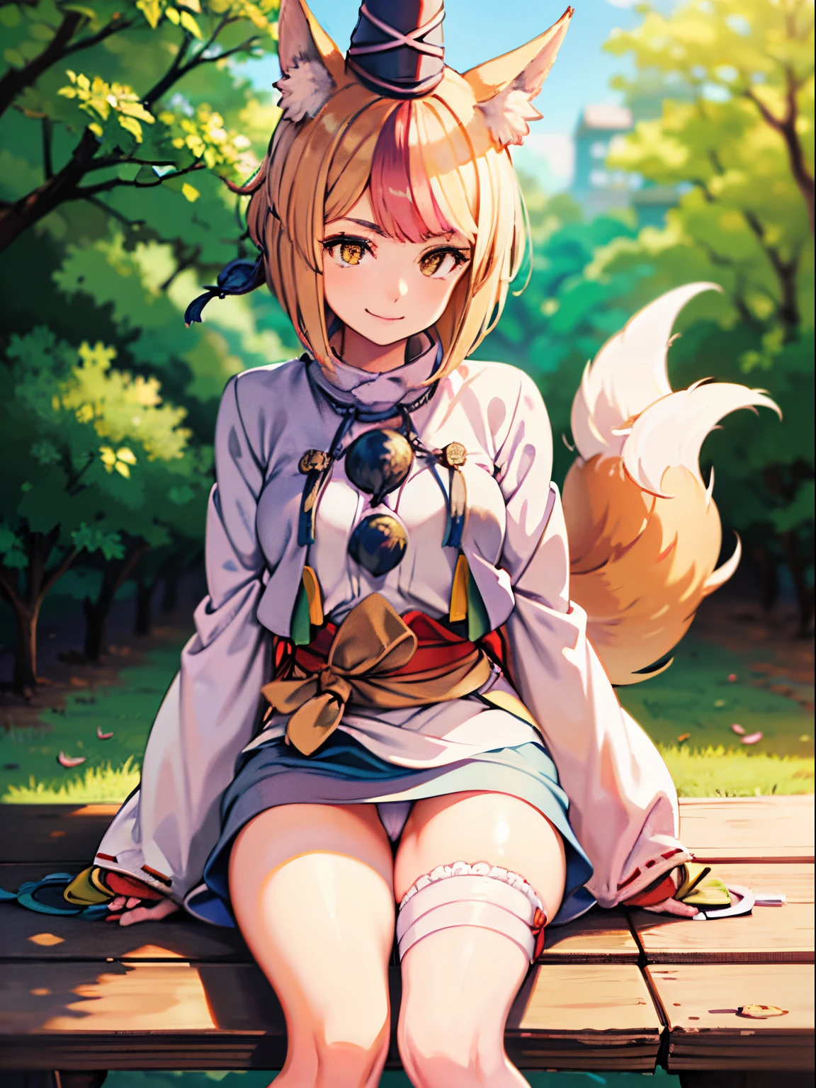 selkie fe, (ate-eboshi:1.3), standing eboshi hat, onmyoji, fox ears, fox tail, outdoors, smug smile, pink hair stripe, big hat, mirco skirt, exposed hips, side slit shorts, sitting, spread legs, panty shot, sakura_fe