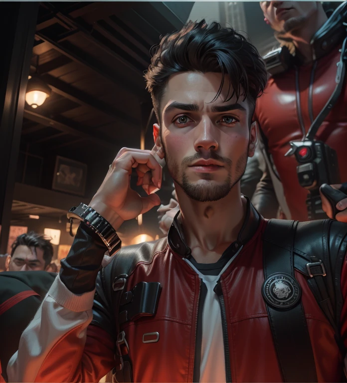 Dark night over the city, Red Moon, Red Moon with Energy Flow, Energy tides, Bad premonitions, scenery, Don't be human, There energy flow, Highly realistic, 4K, Chiaroscuro, Ultra-high detail awaits the start . Change background cyberpunk handsome boy, realistic face, 8k, ultra realistic,