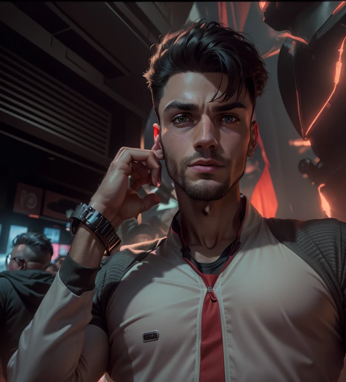 Dark night over the city, Red Moon, Red Moon with Energy Flow, Energy tides, Bad premonitions, scenery, Don't be human, There  energy flow, Highly realistic, 4K, Chiaroscuro, Ultra-high detail awaits the start        . Change background cyberpunk handsome boy, realistic face, 8k, ultra realistic,