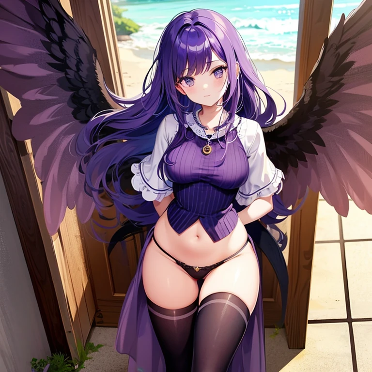 Girl with long purple hair in just panties