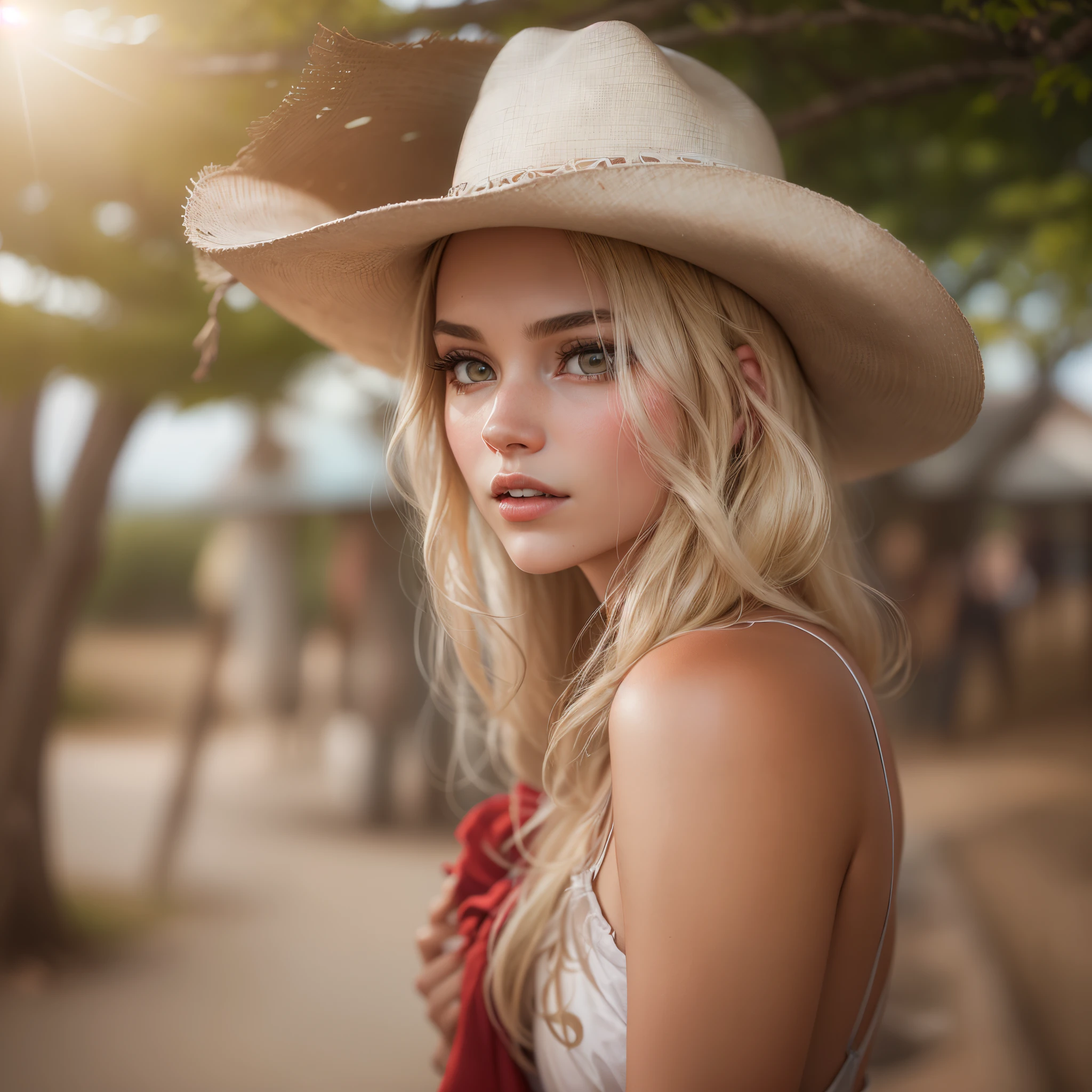 Imagine uma mulher jovem com olhos azuis penetrantes, ((corpo inteiro, standingn, pose de top model, sensual, flowing long blonde hair, usando um batom e esmalte vermelho vibrante, combinados com um short de brim rasgado. Highlight it with boots and a Texas-style hat, elementos que a caracterizam com uma mistura de autenticidade e estilo,View it in a dynamic and captivating setting, talvez em uma paisagem aberta do Texas, onde o vento sopra suavemente, fazendo com que seus cabelos loiros dancem ao redor dela, The sunlight highlights your features, highlighting its natural beauty and striking presence, The resulting image should capture not only the youthfulness and energy of the woman, but also its connection to authentic Texas style, Convey not only your stunning beauty, but also her confident attitude and her unique fashion sense, providing a balance between gracefulness and determination, The image should evoke a feeling of freedom, youth and authentic Texan style, offering a vibrant and inspiring visual representation of this young woman in tune with her Texas environment, Imagem de fundo de uma coudelaria com belos cavalos e palheiros, Texas style boots and hat), Minimalist Style, Surreal Dreamscapes, Intimate Portrait Composition, Mystical, Light White and Red, Optical Illusions), Natural colors, (High Dynamic Range), Visionary Art, Art That Plays with Scale