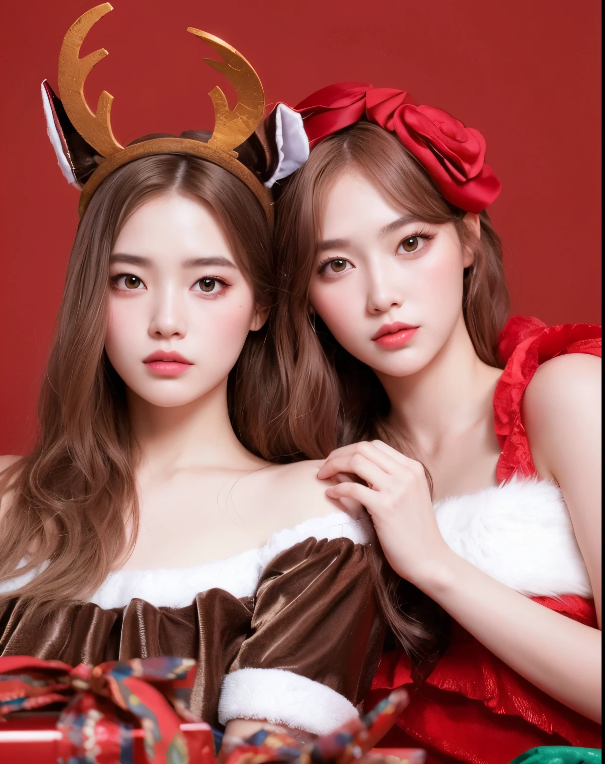 Two young women dressed in costumes posing for a photo., maquillaje popular de Corea del Sur, ulzzang, dos veces, maquillaje coreano popular, Ambos tienen los labios rojos, Lalisa Manobal, Sakimichan, terciopelo rojo, beautiful gemini twins, Hermoso retrato de Geminis Twins, Nixeu y Sakimichan, Fotos oficiales, 🕹️ 😎 🔫 🤖 🚬
