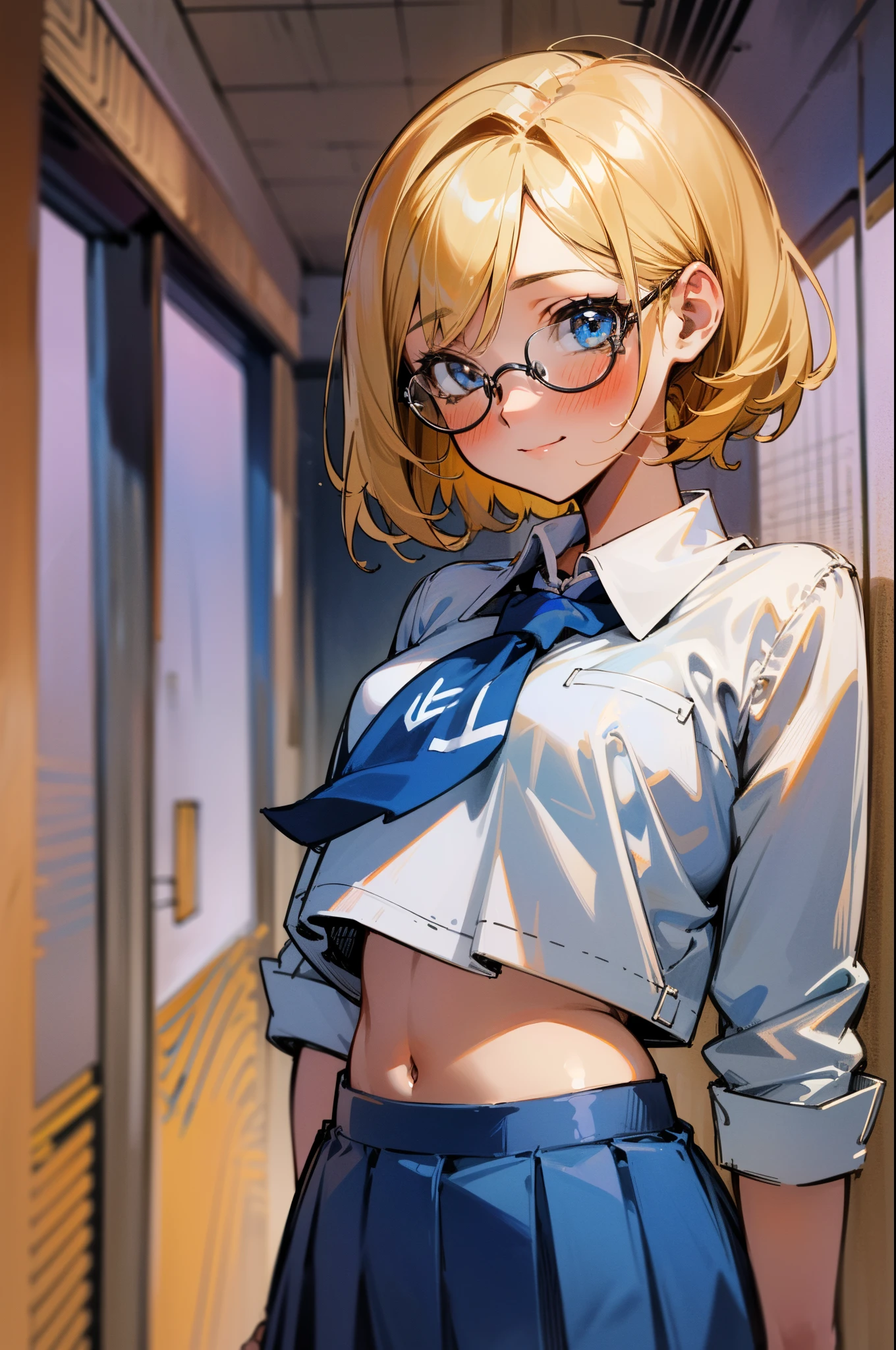 (1girl:1.4) schoolgirl, beautiful, perfect eyes, perfect face, perfect lighting, 1girl, short blonde hair, small breasts, thin waist, wide hips, white and blue schoolgirl sailor uniform, short skirt, shy smile, thick round glasses, cheeks blushing, absurdres, [perfect shadows and lighting] detailed background, incredible high-key lighting, rich colors, school hallway background, accurate, anatomically correct (masterpiece:1.3) ultra detailed illustration, (best quality:1.1), textured skin, high details, award winning, highres, UHD, UHD, UHD, UHD, UHD, award winning, highres