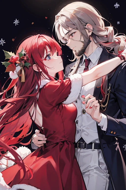 A dark skinned red haired woman with red eyes is dancing with a muscular blonde haired man with blue eyes and long hair and a dark beard at a christmas party in fancy outfits