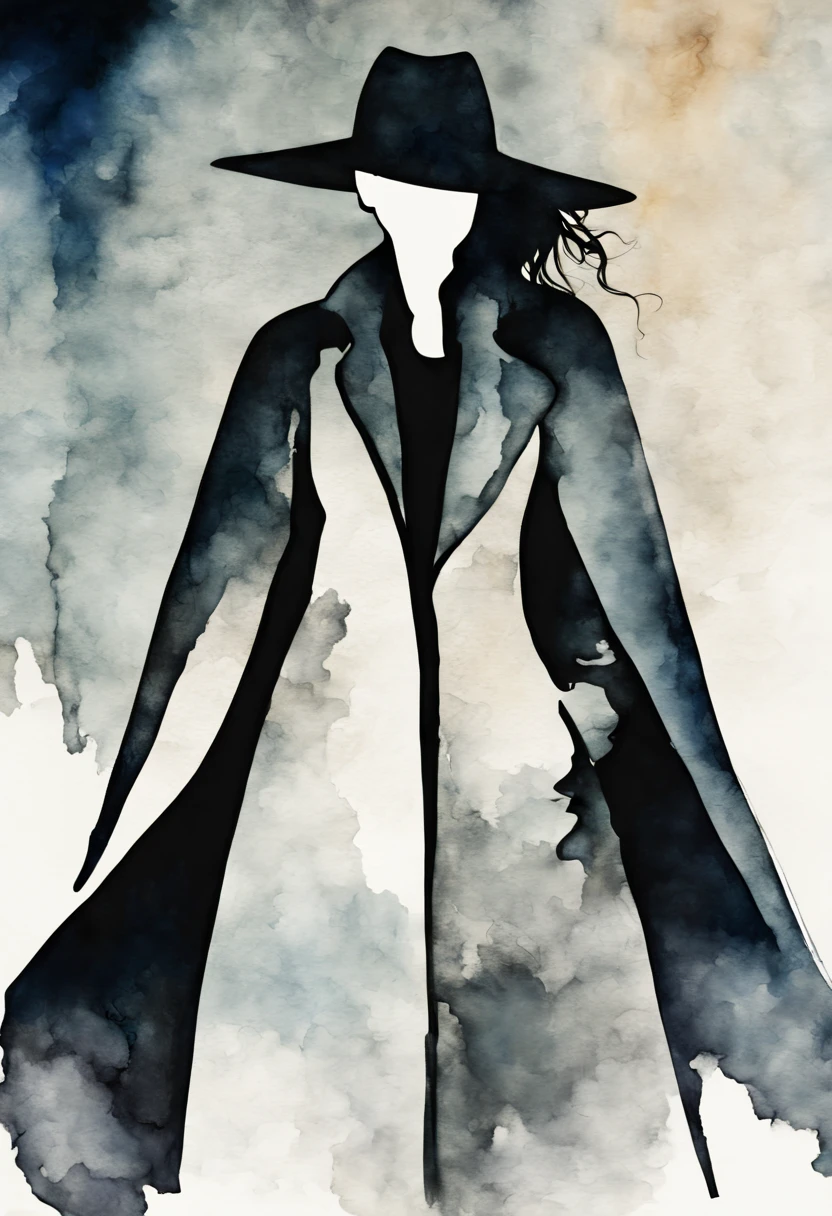 Alcohol ink painting of Female silhouette wearing a Long winter coat. Minimalist, negative space. , painting, poster, dark fantasy, fashion