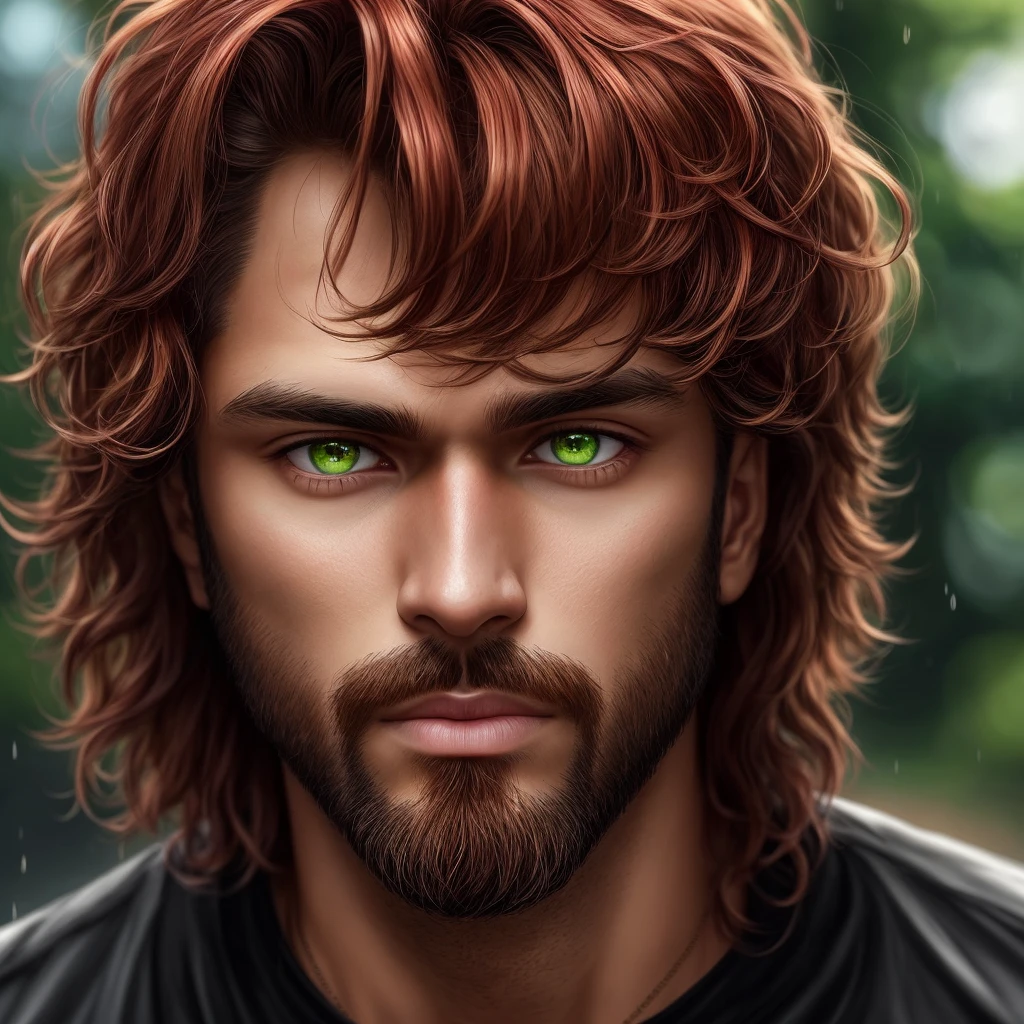 Un hombre bronceado con el rojo, La intensidad de sus ojos verdes oscuros, semejantes a los de un gato, capture attention, caminando bajo la lluvia., 8K Artgerm Bokeh, WLOP. 4 mil, Hermosa hombre pelirrojo, Chico bonita parada bajo la lluvia, Retrato lloviendo, Karol behind UHD, Retrato suave disparado 8K, Chica pelirroja, Al estilo de WLOP, Foto de un hombre hermoso, (maquillaje de ojos de gato: 0,85), (ojos grandes: 1,0), ojos verdes