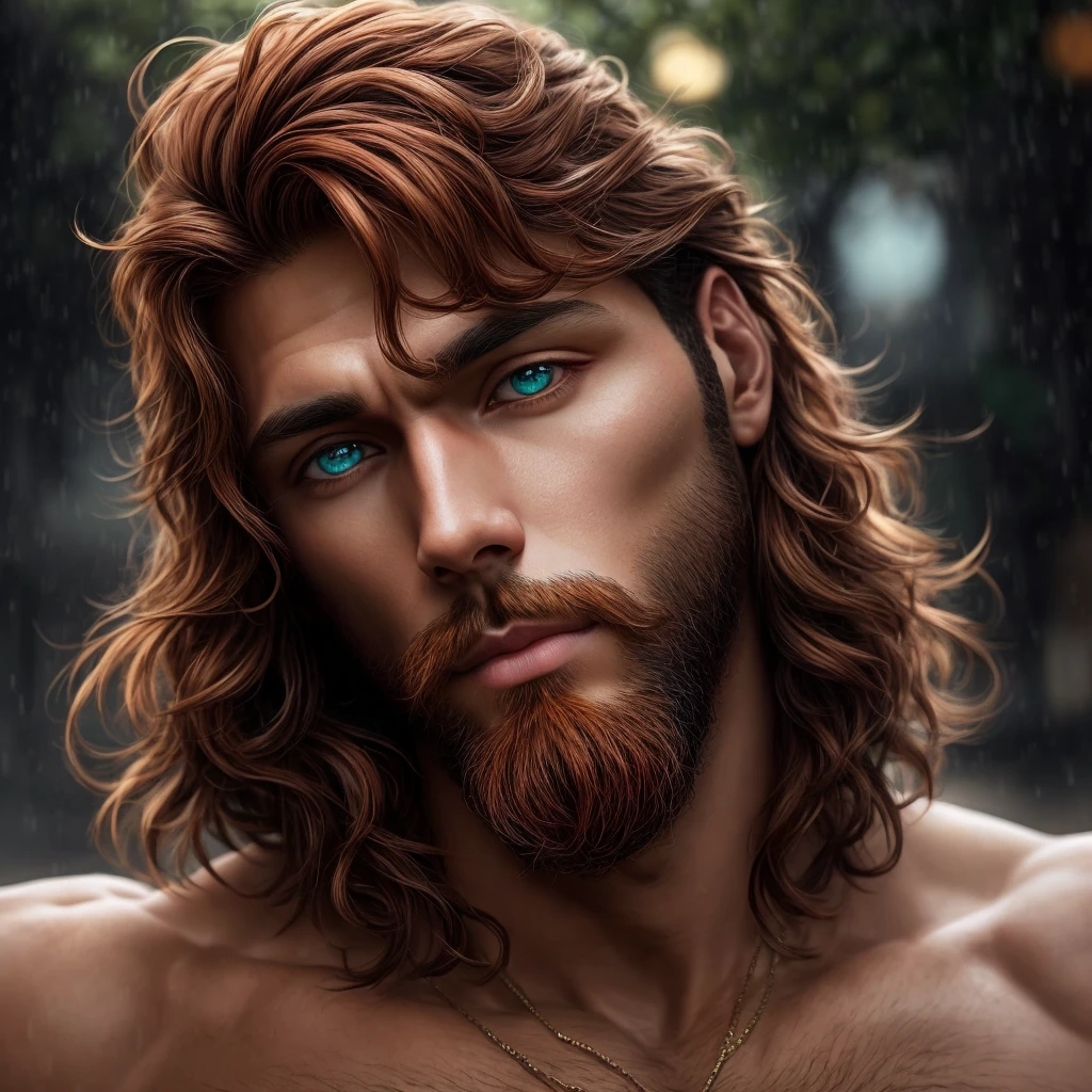 Un hombre bronceado con el rojo, La intensidad de sus ojos verdes oscuros, semejantes a los de un gato, capture attention, caminando bajo la lluvia., 8K Artgerm Bokeh, WLOP. 4 mil, Hermosa hombre pelirrojo, Chico bonita parada bajo la lluvia, Retrato lloviendo, Karol behind UHD, Retrato suave disparado 8K, Chica pelirroja, Al estilo de WLOP, Foto de un hombre hermoso, (maquillaje de ojos de gato: 0,85), (ojos grandes: 1,0), ojos verdes