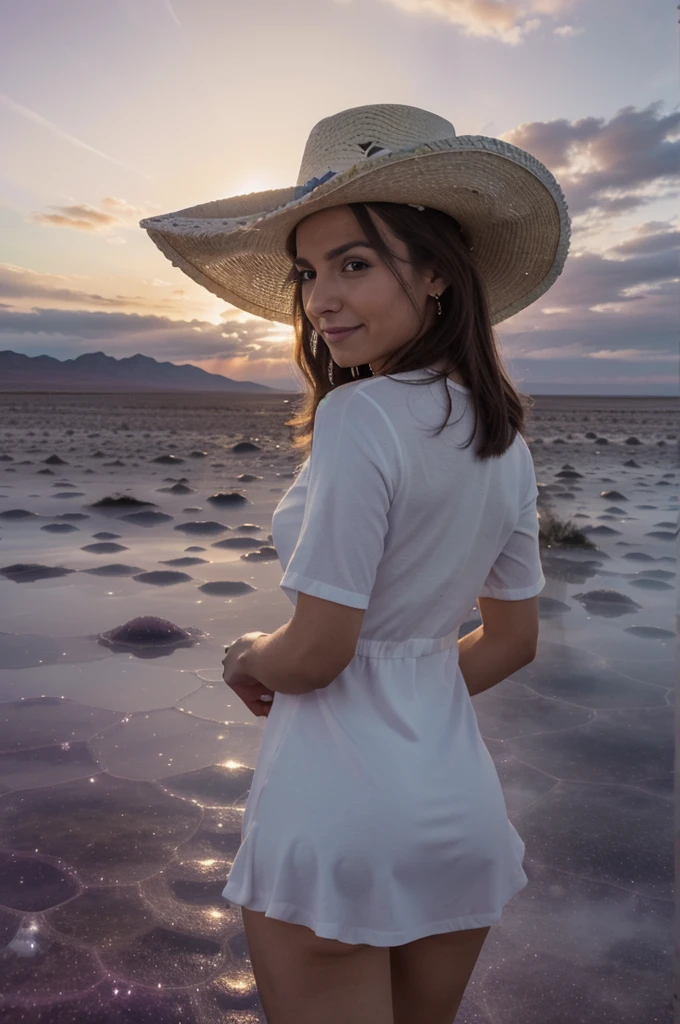 Obra maestra, extremadamente detallado, (Hermoso brillo detallado), Destello de lente, cana, pelo corto, cabello flotante, Looking back, derriere, They are smiling, ojos azules, vestido blanco, senos medianos, Parte superior del cuerpo, Plano amplio, Sombrero de paja, ((Salar de Uyuni)), amanecer, nubes, Contre-Jour, purple sky, cielo amarillo, cielo gradiente, Manos en el sombrero