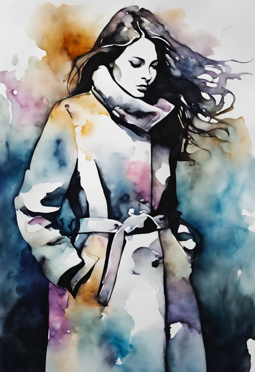 Alcohol ink painting of Female silhouette wearing a Long winter coat. Minimalist, negative space. ,multi color painting, poster, dark fantasy, fashion