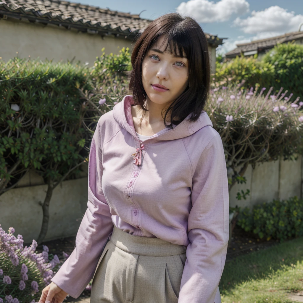 masterpiece, absurdres, hinata\(boruto\), 1girl, solo,mature female, purple hoodie,layered sleeves, brown pants, outdoors,lavender flower field, looking at viewelling petals), cloudy sky, perfect composition, detailed lips, big breast, beautiful face, body propotion, blush, (pink lips), long hair, purple eyes, soft gaze, sad smile, super realistic, detailed, photoshoot,HDR,4K ,8K(face looks young),