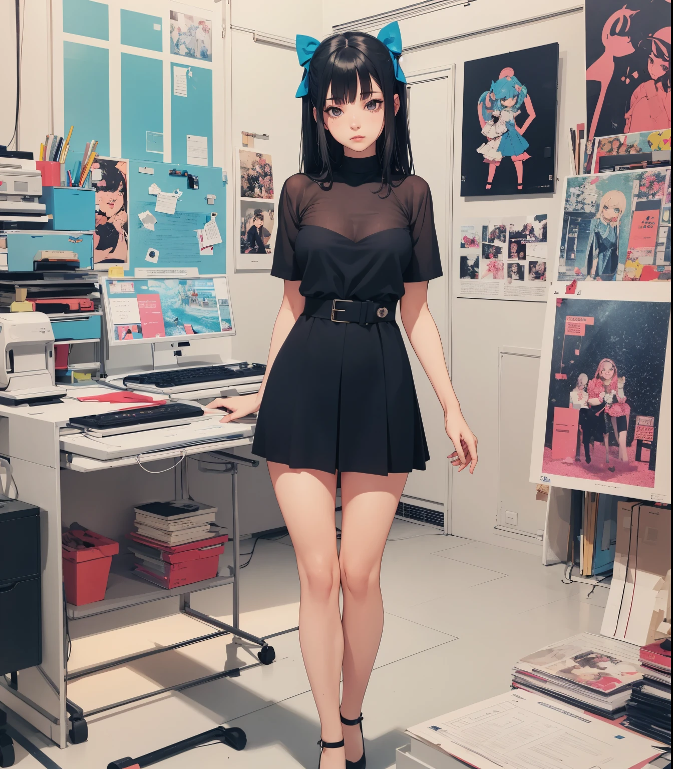 (masterpiece, best quality), beautiful woman, 23 years, soft light, ballet skirt, cleveage, long hair, long twintails, hairbows, black hair, alluring, big georgeous eyes, soft smile, perfect slim fit body, black heels, realistic background, elegant apartment, minimalistic apartment, standing, realistic background, bright colors, (risograph), full body shot, fullbody, medium breasts, solo, cleveage, sexy