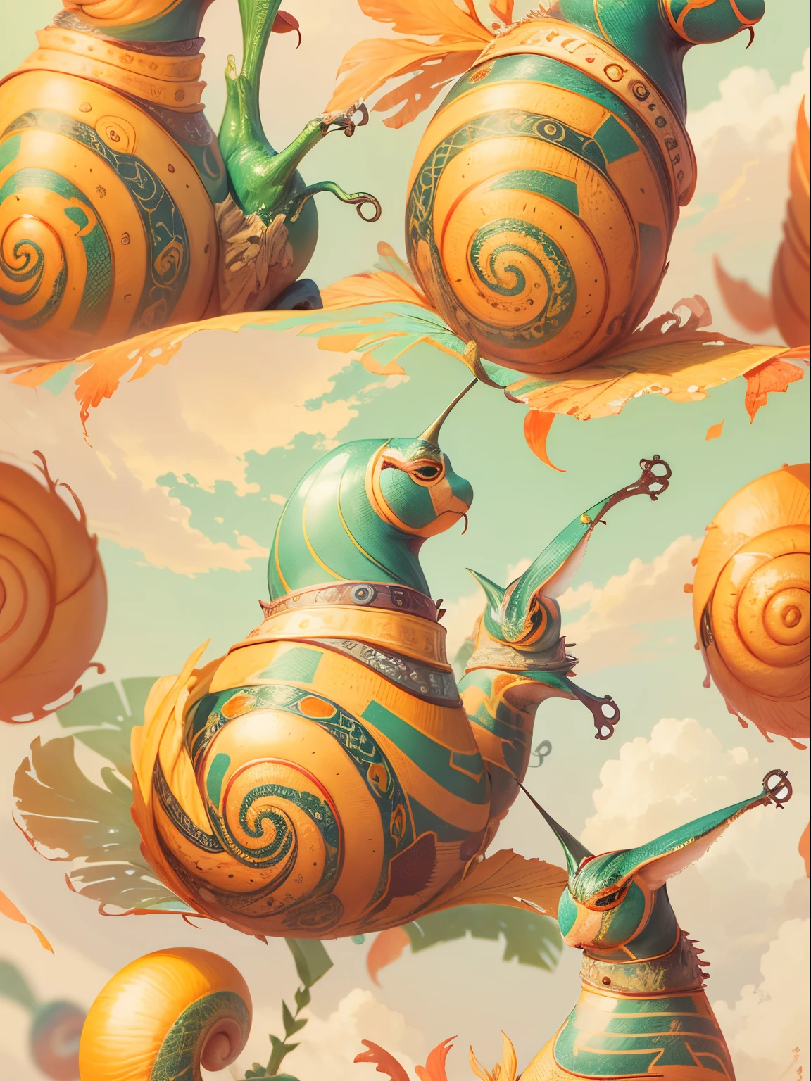 Beautiful feminine snail painted with vibrant colors with golden hour lighting