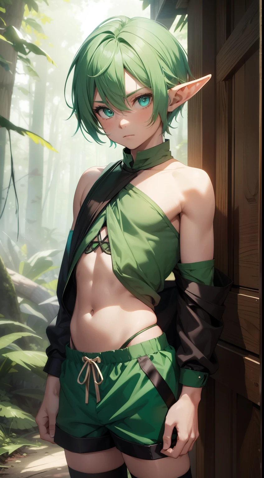 (Boy, ), hansome, bare shoulder, longue green hair, elf ears, turquoise eyes, green in the upper right corner, forest, shorts, Transparent, open belly, fishnet tights, Masterpiece, hiquality