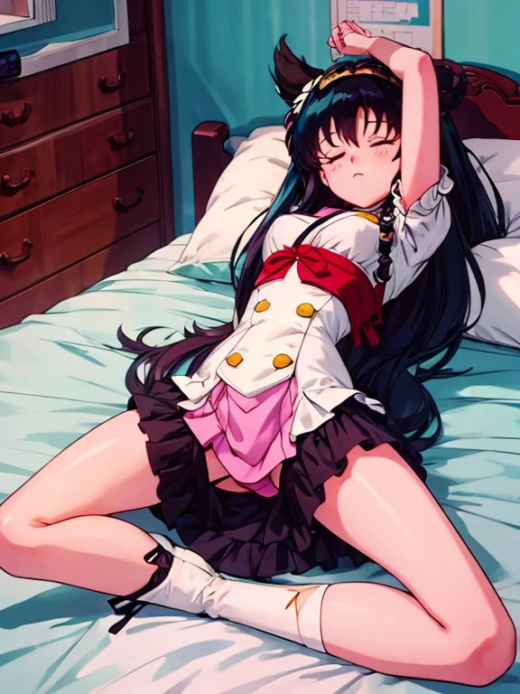 a woman laying on top of a bed next to a pillow, ryuu, fubuki, top rated on pixiv, from the azur lane videogame, umamusume, tsuaii, from arknights, girls frontline cg, splash art anime loli, pixiv 3dcg, sleeping, shipgirls, kancolle, shiori teshirogi