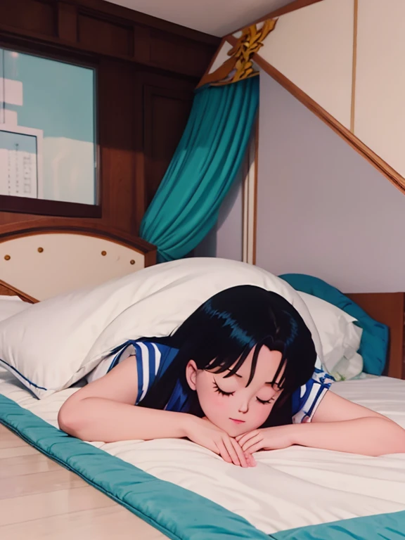 a woman laying on top of a bed next to a pillow, ryuu, fubuki, top rated on pixiv, from the azur lane videogame, umamusume, tsuaii, from arknights, girls frontline cg, splash art anime loli, pixiv 3dcg, sleeping, shipgirls, kancolle, shiori teshirogi