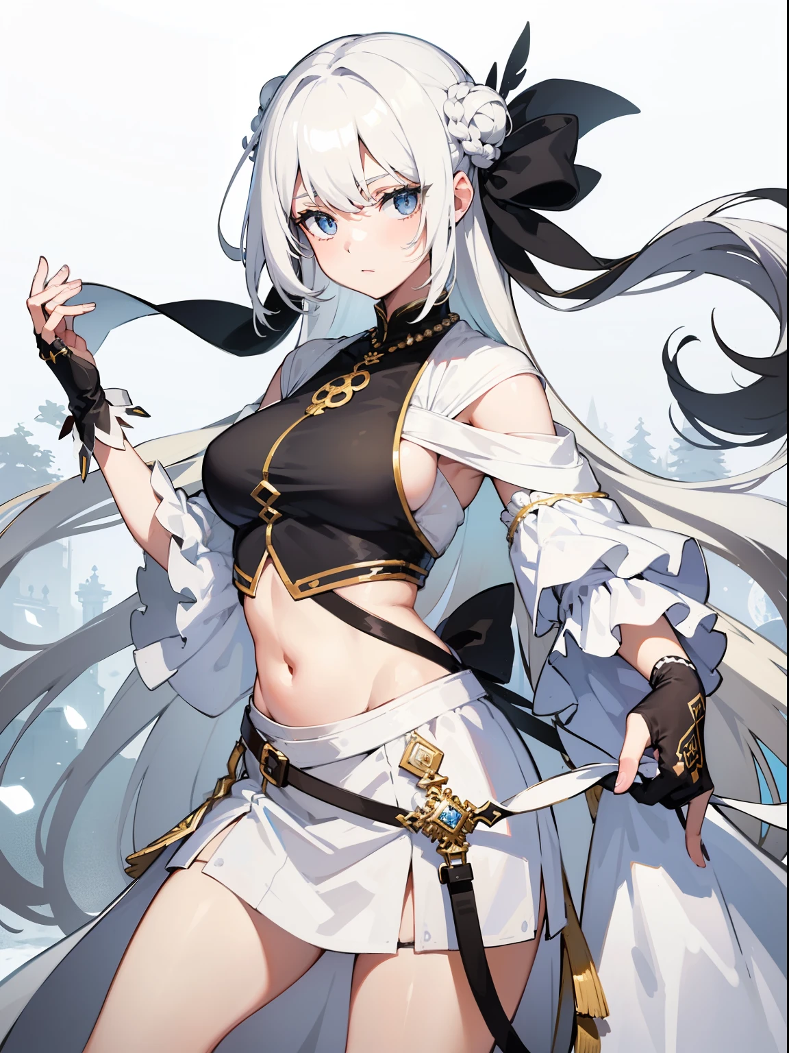 Character expressions: The temperament  noble and cold, with a hint of arrogance; Eyes are very slender，keen vision, Revealing a hint of majesty.gold eyes，

Hair style and color: snow white hair band，Hair Color Mix Black Highlights and White Highlights Hair Color, split in half, tied into two bows,long loose hair， Gentle girlish feeling; There are several irregularly arranged buns on the top of the head, Adds a bit of nobility and magnificence.

Clothing styles and colors: in a long white dress, Hang on the ground, The skirt  embroidered with elegant cloud patterns, Very fairy; Wearing a white belt on the upper body, Slightly expose collarbone and navel, Adds a bit of mystery to the mist.

Accessories in the picture: Wear a silver necklace，white moon pearl necklace，Shimmering with clear light; Wearing a white bracelet on her wrist, The bracelet  also studded with the same white beads.

Character pose: Cross your hands in front of you, Stand proudly, Lift your head slightly, The demeanor  solemn, Showing the temperament of a female emperor.

Ambient light shines through the window,  Her white clothes are more crystal clear.

atmosphere: Mysterious and solemn.

Surrounded by beautiful antique furniture, White satin and silver trim, hori#39;like wonderland on earth.

ambient time: In the middle of the night, quiet and mysterious.