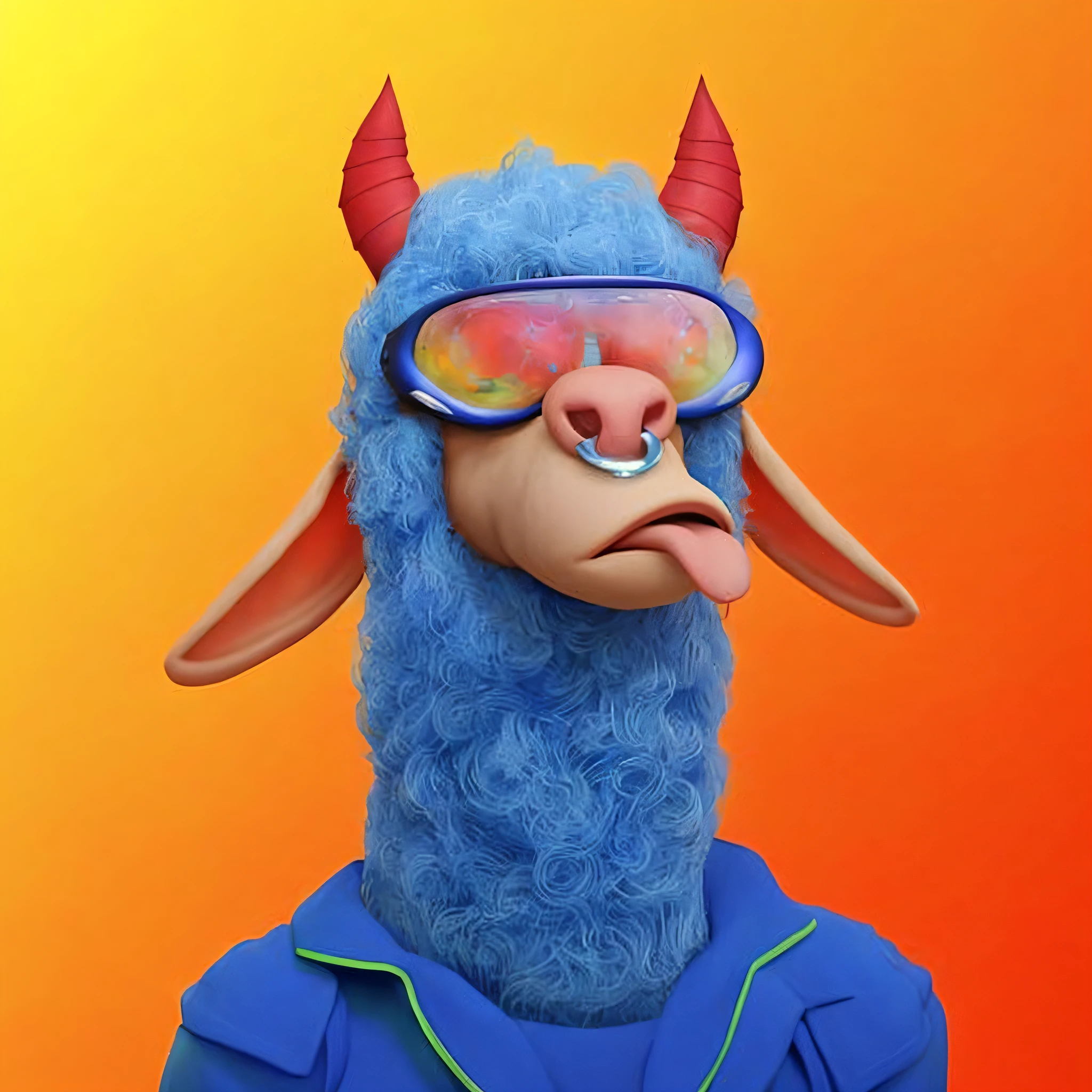 um close de uma pessoa vestindo uma fantasia de ovelha azul, Coelho ruim, Beeple e Jeremias Ketner, foto de perfil do discord, alternate album cover, Retrato de lhama anthro, Directed by: Andrei Kolkoutine, inspirado em Ron English, Andy Milonakis como um bode, imagem do avatar, fvckrender, cara fria, Maxim Sukharev