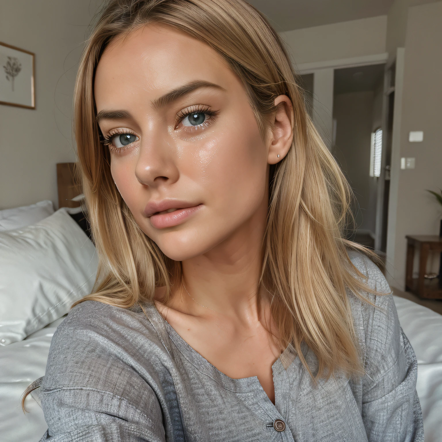 photorealistic, best quality, hyper detailed, crying, tears, realistic eyes, entire body, detailed lips, 8K, iperrealistic, lie in bed, sad face, beautiful woman with natural blonde hair, selfie photo, full body, solo, wearing casual wear, indoororning), wearing a pajama, (relaxed), film grain, close up, ultra high res, best shadow, RAW, instagram LUT