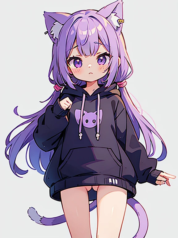 masterpiece, best quality, high res, solo, 1 girl, long hair, loli, nice breasts, flat chest, small breasts, small chest, bangs, purple eyes, blush, looking at viewer, closed mouth, bright colors, vibrant, extrasharp, high sharpness, nice hands, clear image, bright image, light purple hair, oversized hoodie, big hoodie, large hoodie, black and white hoodie, two color hoodie, long hoodie, hair pin, thigh accessory,  bare legs, cute face, cat ears, cat tail, cat girl, no pants, simple background, standing up,