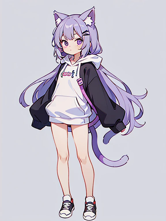 masterpiece, best quality, high res, solo, 1 girl, long hair, loli, nice breasts, flat chest, small breasts, small chest, bangs, purple eyes, blush, looking at viewer, closed mouth, bright colors, vibrant, extrasharp, high sharpness, nice hands, clear image, bright image, light purple hair, oversized hoodie, big hoodie, large hoodie, black and white hoodie, two color hoodie, long hoodie, hair pin, thigh accessory, bare legs, cute face, cat ears, cat tail, cat girl, no pants, simple background, standing up,
