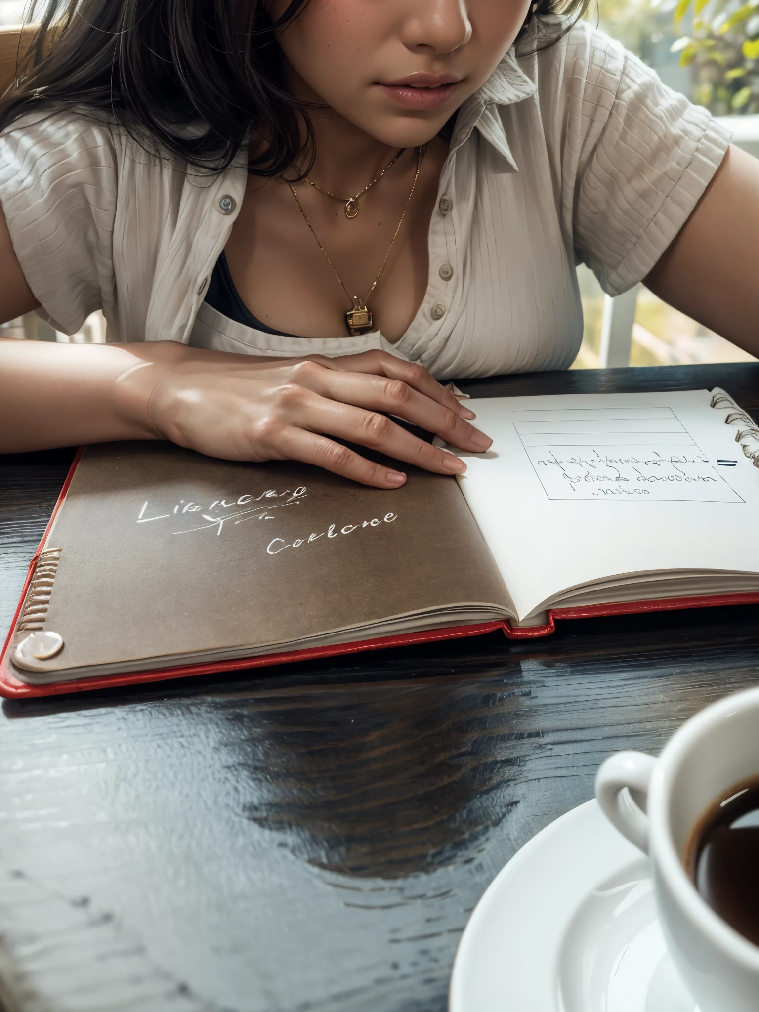 Woman sitting at a table with a book and a cup of coffee, diary on her hand, writing in journal, Lendo o livro sobre o amor, Drawing pictures in a notebook, sitting at a café, by Gina Pellón, sitting in a cafe alone, in a coffee shop, Lendo novo livro, with some handwritten letters, Directed by: Andrée Ruellan