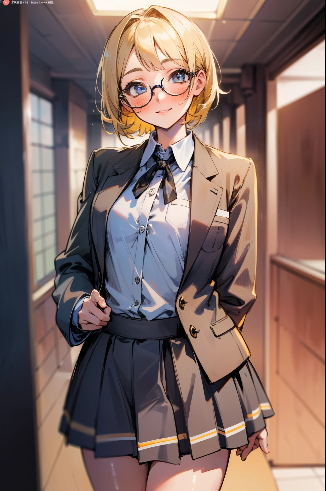 (1girl:1.4) schoolgirl, beautiful, perfect eyes, perfect face, perfect lighting, 1girl, short blonde hair, small breasts, thin waist, medium hips, schoolgirl uniform with blazer and skirt, short skirt, shy smile, thick round glasses, cheeks blushing, dynamic pose, absurdres, [perfect shadows and lighting] detailed background, incredible high-key lighting, rich colors, school hallway background, accurate, anatomically correct (masterpiece:1.3) ultra detailed illustration, (best quality:1.1), textured skin, high details, award winning, highres, UHD, UHD, UHD, UHD, UHD, award winning, highres