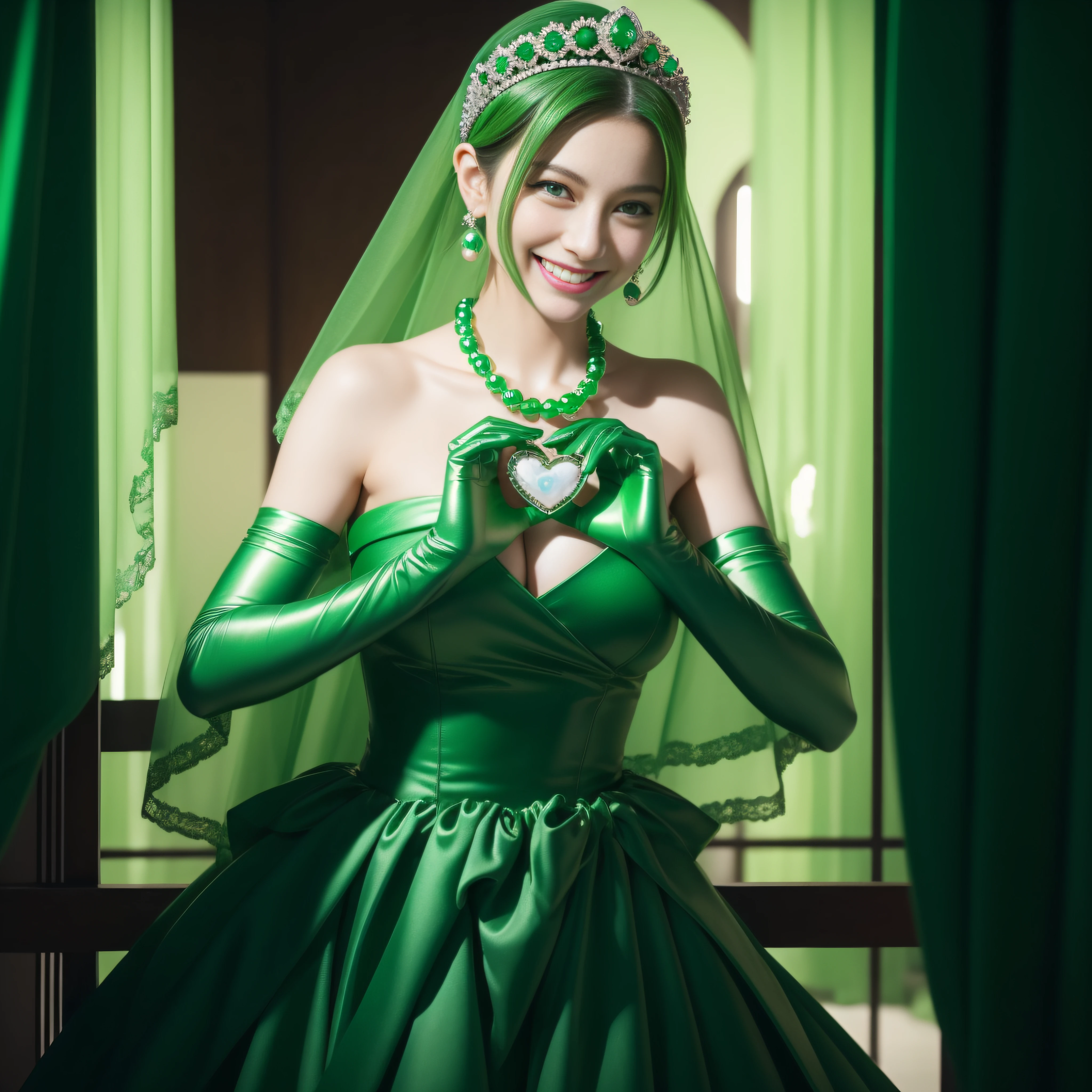 emerald tiara, Green Pearl Necklace, Boyish very short green hair, lipsticks, Japan woman smiling, very short short hair, big breasts beautiful, Green eyes, Long green gloves made of satin material, Green eyes, Emerald Earrings, green vale, Heart with both hands