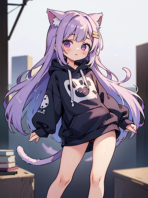 masterpiece, best quality, high res, solo, 1 girl, long hair, loli, nice breasts, flat chest, small breasts, small chest, bangs, purple eyes, blush, looking at viewer, closed mouth, bright colors, vibrant, extrasharp, high sharpness, nice hands, clear image, bright image, light purple hair, oversized hoodie, big hoodie, large hoodie, black and white hoodie, two color hoodie, long hoodie, hair pin, thigh accessory, bare legs, cute face, cat ears, cat tail, cat girl, no pantackground, standing up,
