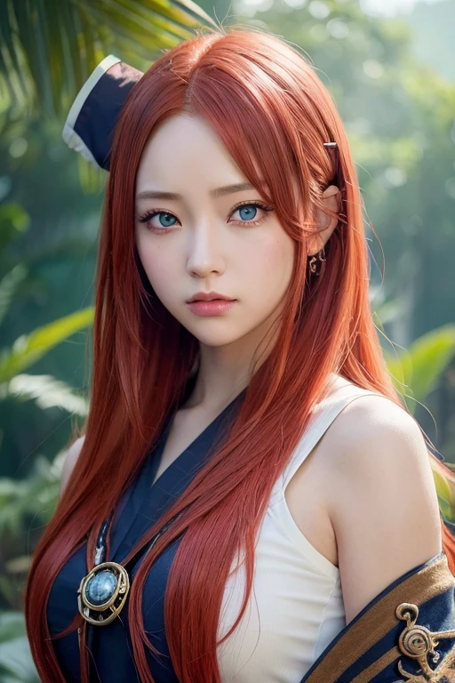 anime, (((portrait of daw))), a woman, (((a red hair))), (((blue eyes))), (((female pirate)), 8k, unreal engine, octane render, by kyun, gamang, Yoon Gon-Ji, g.ho, gosonjak, shuroop, serious, domi, noah, trending on pixiv, fanbox, skeb, masterpiece, smooth soft skin, big dreamy eyes, beautiful intricate colored hair, symmetrical, anime wide eyes, soft lighting, concept art, digital painting,  tropical island