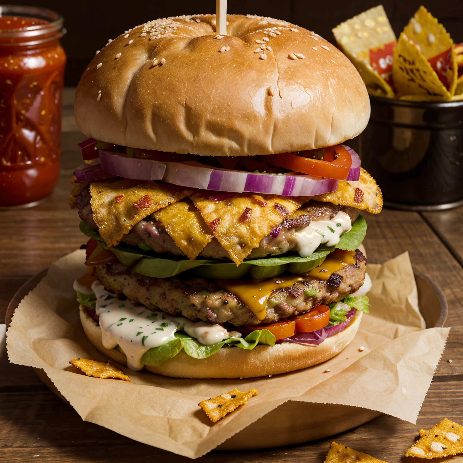 Burger with one patty doritos, shredded lettuce, minced tomatoes, diced red onion, ketchup