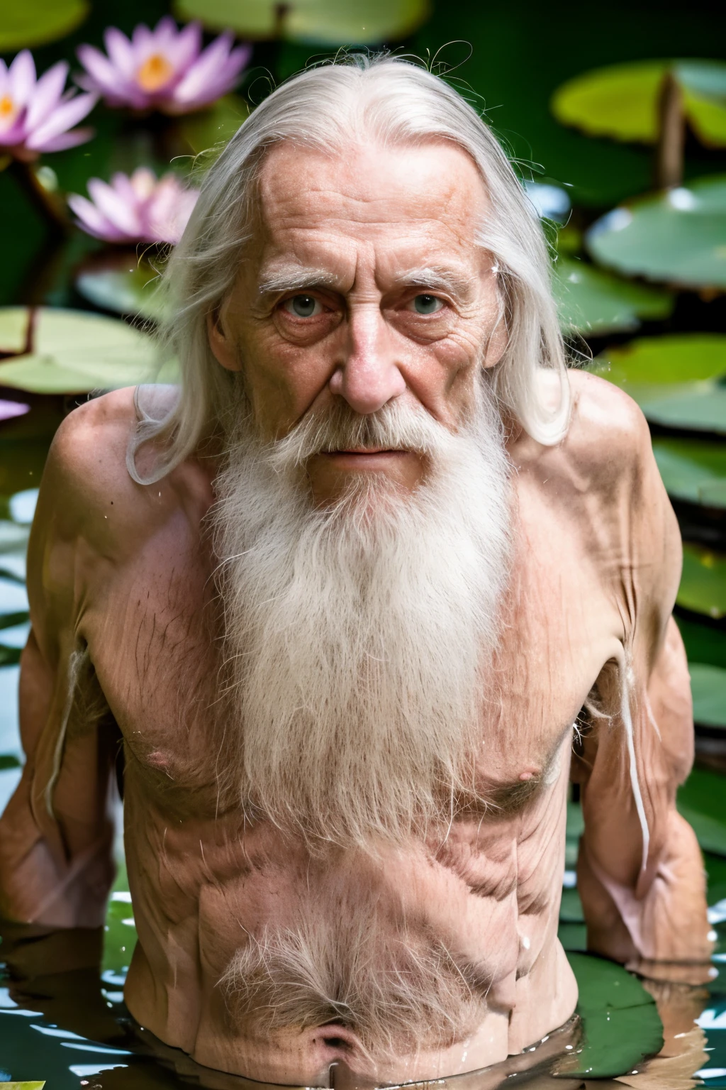 An elder with a long beard and white hair, with a serene face wrinkles, looking producing, body older weak, skinny bones hairy, body naked, his shirt was open to reveal his stomach wrinkles older hairy weak and chest, arms legs neck hands feet skinny old and weak, shy and blushed, Lying in the water,water lily,lotus leaf,Closed eyes,master-piece,4K images,beste-Qualit