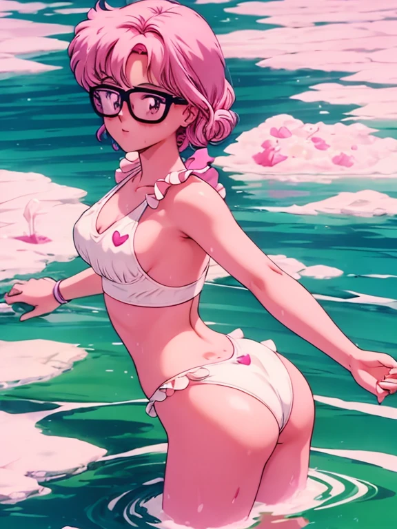 a woman with pink hair and glasses is in the water, cgsociety 9, beautiful alluring anime , spilled milk, milk dripping, covered in pink flesh, v, cute girl with short pink hair, anime barbie in white stockings, anime”, character is covered in liquid, 3 d anime realistic, c 4 d ", sakura kinomoto, goo, young asian girl,girl on her back sticking her ass out.