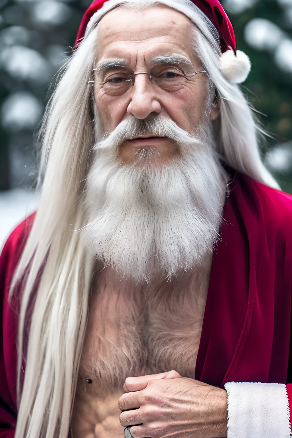 An elder with a long beard and white hair, with a serene face wrinkles, looking producing, body older weak, skinny bones hairy, body naked, his shirt was open to reveal his stomach wrinkles older hairy weak and chest, arms legs neck hands feet skinny old and weak, Santa Claus hat, gloves and open coat,shy and blushed, Lying in the snow,snow lily,Closed eyes,master-piece,4K images,beste-Qualit