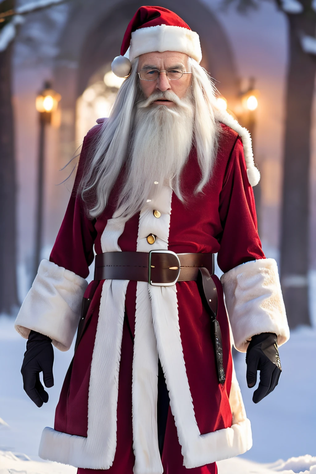 An elder with a long beard and white hair, with a serene face wrinkles, looking producing, body older weak, skinny bones hairy, body naked, his shirt was open to reveal his stomach wrinkles older hairy weak and chest, arms legs neck hands feet skinny old and weak, Santa Claus hat, gloves, open coat boots, red white briefs, shy and blushed, Lying in the snow,snow lily,Closed eyes,master-piece,4K images,beste-Qualit